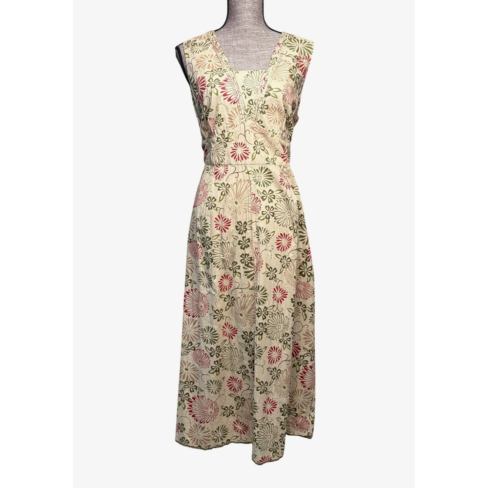 Vtg Y2K Style&Co Maxi Dress Womens 16 Beige Floral Cotton VNeck Boho Cottagecore